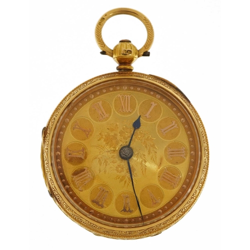2018 - 18ct gold ladies open face pocket watch with ornate gilt dial and engraved decoration, the movement ... 