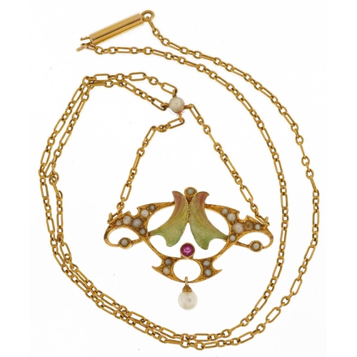 2011 - Art Nouveau 9ct gold and enamel necklace set with a ruby and seed pearls, 36cm in length, 5.8g