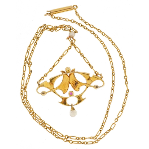 2011 - Art Nouveau 9ct gold and enamel necklace set with a ruby and seed pearls, 36cm in length, 5.8g