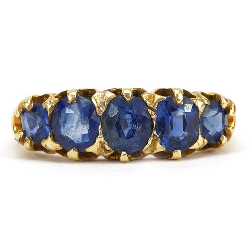 2006 - Victorian 18ct gold graduated sapphire five stone ring, the largest sapphire approximately 5.1mm x 4... 