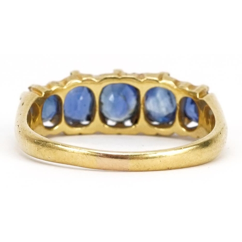 2006 - Victorian 18ct gold graduated sapphire five stone ring, the largest sapphire approximately 5.1mm x 4... 