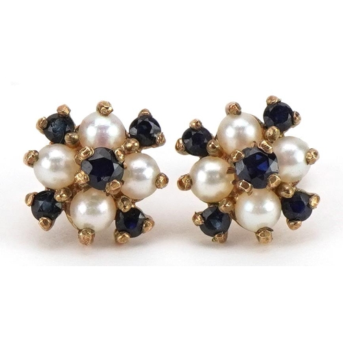 2053 - Pair of unmarked gold sapphire and pearl cluster stud earrings, the butterflies marked 375, 1.0cm in... 