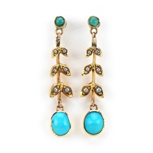 2034 - Pair of unmarked gold cabochon turquoise and seed pearl drop earrings, the butterflies marked 9k, 2.... 