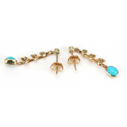 2034 - Pair of unmarked gold cabochon turquoise and seed pearl drop earrings, the butterflies marked 9k, 2.... 