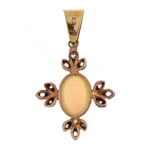 2047 - 9ct gold cabochon opal and diamond cluster drop pendant, 3.0cm high, 1.7g