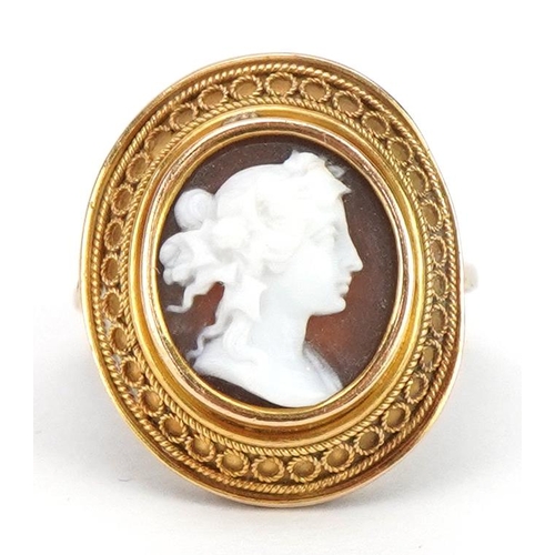 2044 - Continental unmarked gold cameo maiden head ring with filigree setting, tests as 9ct gold, size J, 3... 