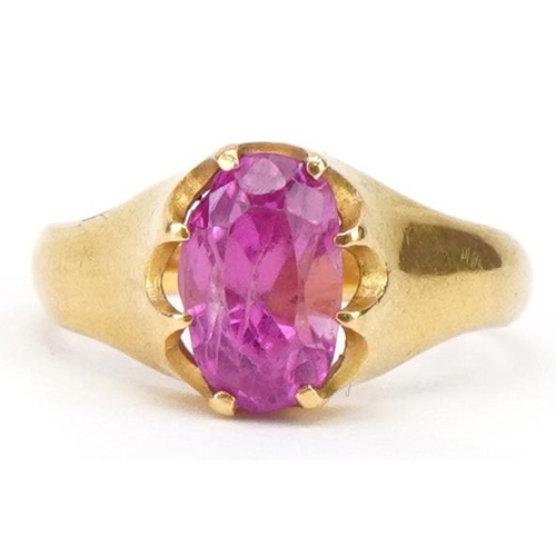 2008 - Unmarked gold ruby solitaire ring possibly Indian, tests as 22ct gold, the ruby approximately 10.1mm... 