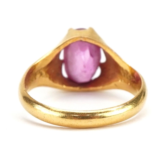 2008 - Unmarked gold ruby solitaire ring possibly Indian, tests as 22ct gold, the ruby approximately 10.1mm... 