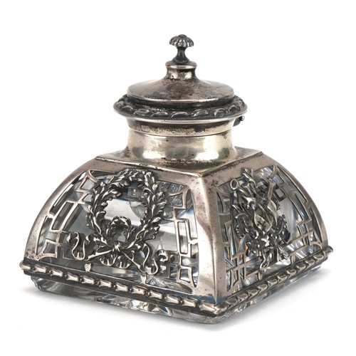 2 - William Comyns & Sons, Edwardian silver overlaid cut glass inkwell, pierced and embossed with wreath... 