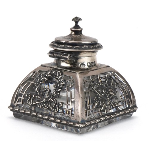2 - William Comyns & Sons, Edwardian silver overlaid cut glass inkwell, pierced and embossed with wreath... 