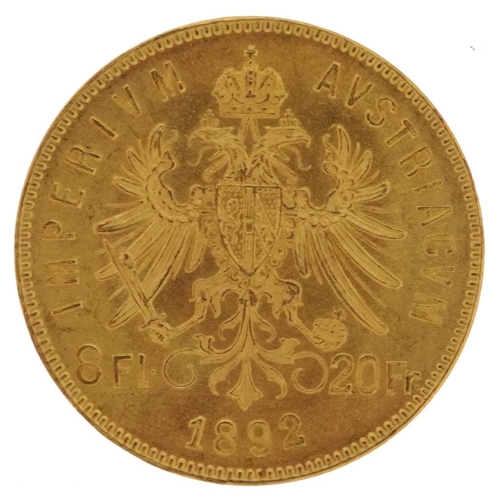 84 - Franz Joseph I Austrian 1892 twenty corona gold coin - this lot is sold without buyer’s premium, the... 