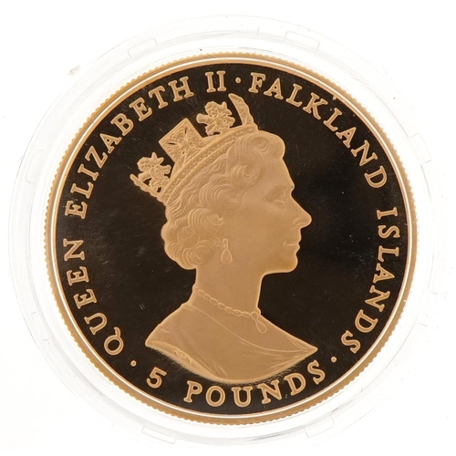 80 - Elizabeth II 1991 Falkland Islands gold proof five pound coin with fitted case and certificate of au... 