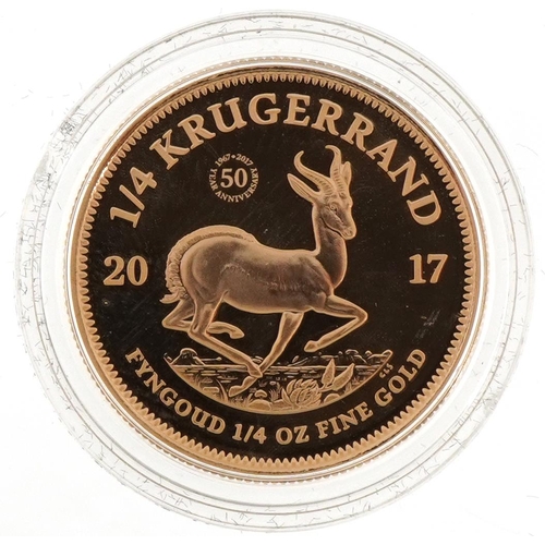 60 - South Africa 2017 1/4 ounce gold krugerrand with fitted case and certificate of authenticity numbere... 