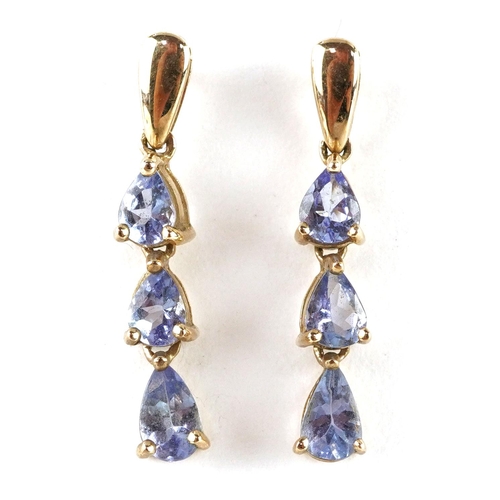 2104 - Pair of 9ct gold tanzanite teardrop earrings, 2.1cm high, 1.3g