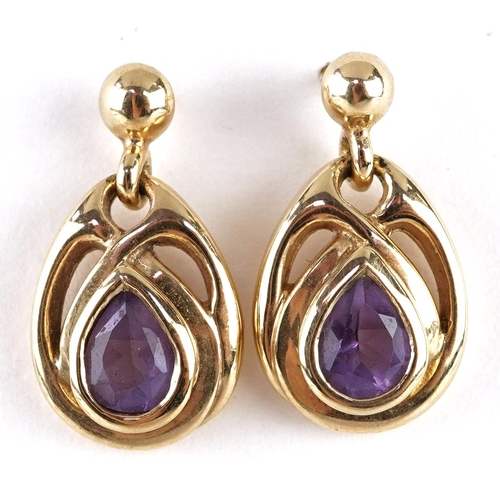 2207 - Pair of 9ct gold amethyst Celtic design drop earrings, 1.6cm high, 2.7g