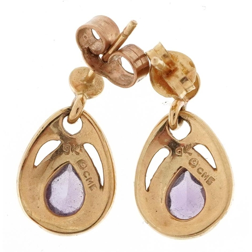 2207 - Pair of 9ct gold amethyst Celtic design drop earrings, 1.6cm high, 2.7g