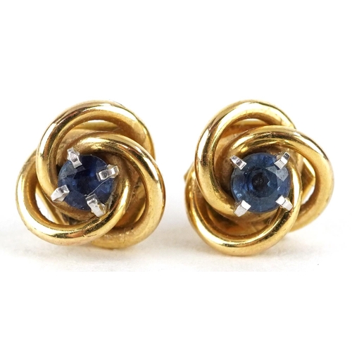 2371 - Pair of 9ct gold sapphire knot design stud earrings, 8.0mm in diameter, 1.7g