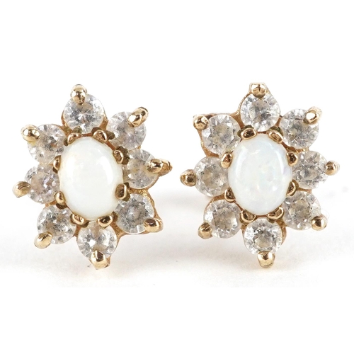 2171 - Pair of unmarked gold cabochon opal and clear stone cluster stud earrings, 9mm high, 1.0g