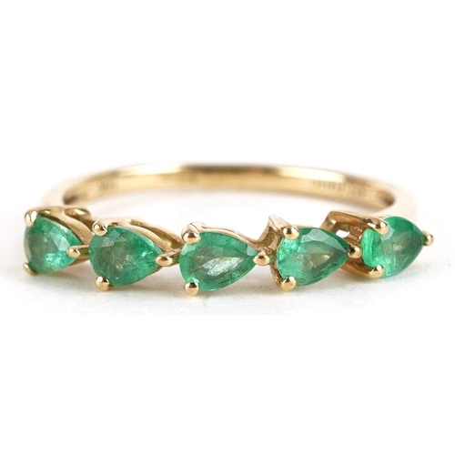 2297 - 10k gold emerald five stone ring, size N, 1.4g