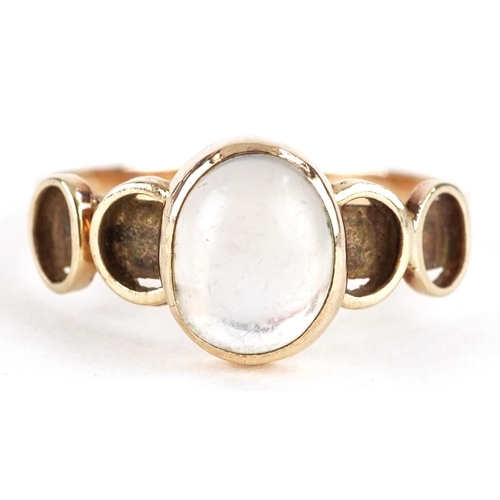 2216 - Modernist 9ct gold cabochon moonstone ring, the moonstone approximately 7.6mm x 6.2mm, size O, 2.1g