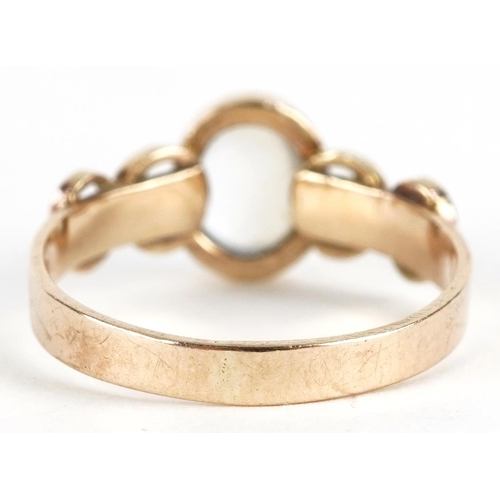 2216 - Modernist 9ct gold cabochon moonstone ring, the moonstone approximately 7.6mm x 6.2mm, size O, 2.1g