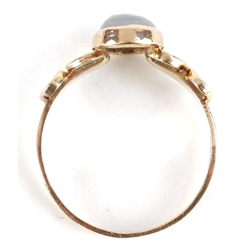 2216 - Modernist 9ct gold cabochon moonstone ring, the moonstone approximately 7.6mm x 6.2mm, size O, 2.1g