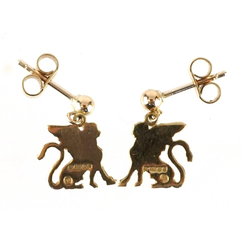 2298 - Pair of 9ct gold mythical animal earrings, possibly a griffin, 1.4cm high, 1.4g