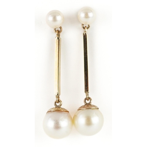 2106 - Pair of 9ct gold cultured pearl drop earrings, 3.7cm high, 3.5g