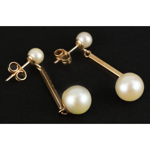 2106 - Pair of 9ct gold cultured pearl drop earrings, 3.7cm high, 3.5g