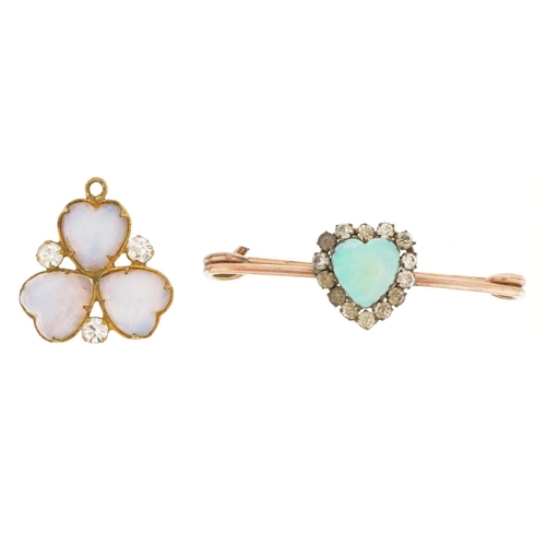 2354 - Unmarked yellow metal cabochon opal and paste love heart bar brooch and a gilt metal opal design sha... 