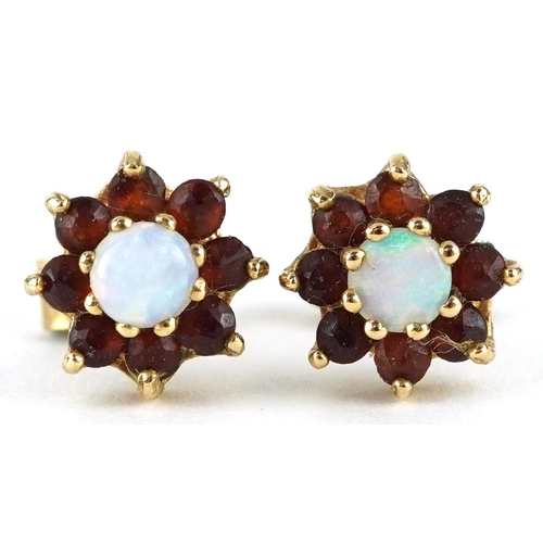 2277 - Pair of 9ct gold opal and garnet flower head stud earrings, 9.0mm in diameter, 1.5g