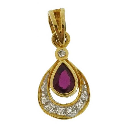 2308 - 18ct gold ruby and diamond drop pendant, 1.7cm high, 1.0g