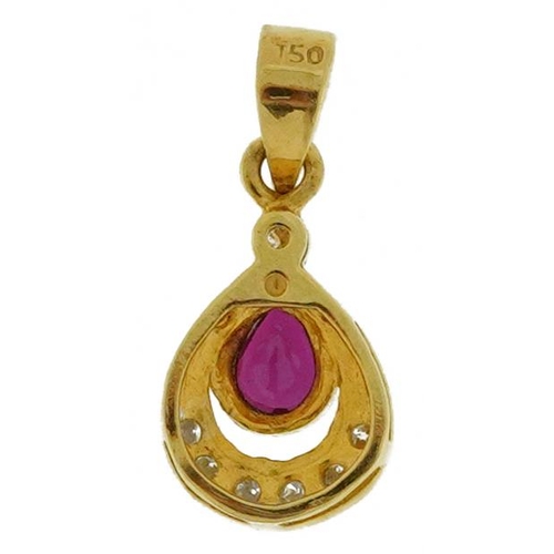 2308 - 18ct gold ruby and diamond drop pendant, 1.7cm high, 1.0g