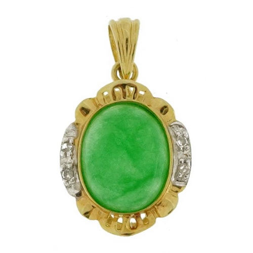 2265 - Chinese 14k gold cabochon jade and diamond pendant, 2.2cm high, 1.6g