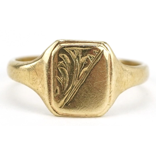 2281 - Antique 9ct gold signet ring with engraved decoration, size F, 1.1g