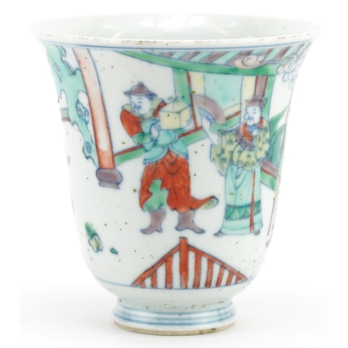 518 - Chinese porcelain doucai cup hand painted with an emperor with attendants in a palace setting, six f... 