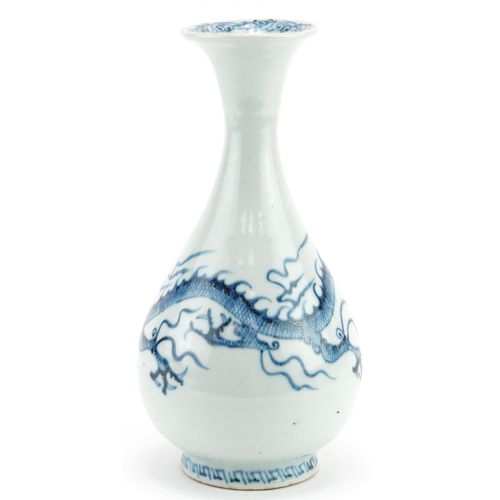 1300 - Chinese blue and white porcelain vase hand painted with a dragon, 25cm high