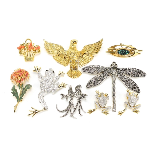 2358 - Nine vintage and later brooches and pins including enamelled flower and marcasite example of two bir... 