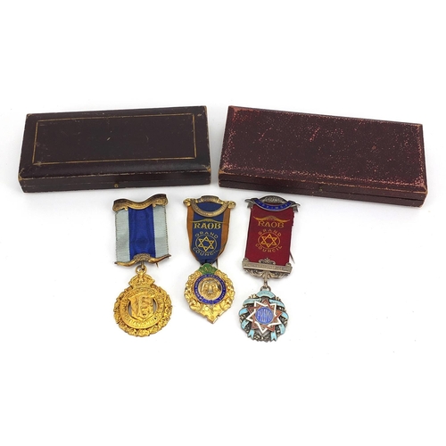 1608 - Three Royal Order of Buffalo silver jewels, two with enamel, two with fitted cases