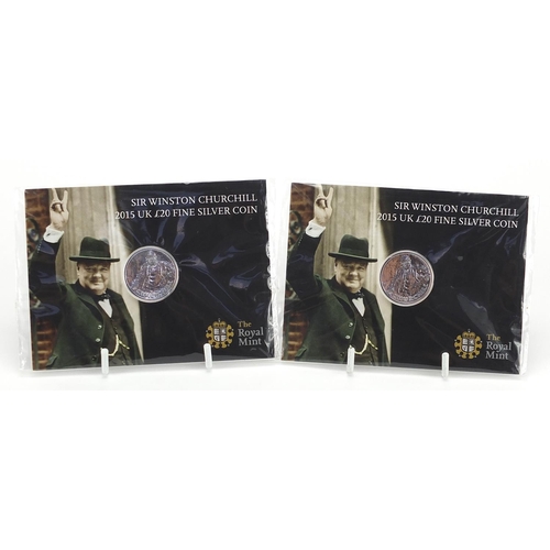 1588 - Two 2015 twenty pound fine silver coins by The Royal Mint commemorating Sir Winston Churchill