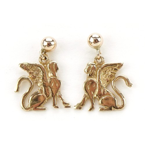 2298 - Pair of 9ct gold mythical animal earrings, possibly a griffin, 1.4cm high, 1.4g