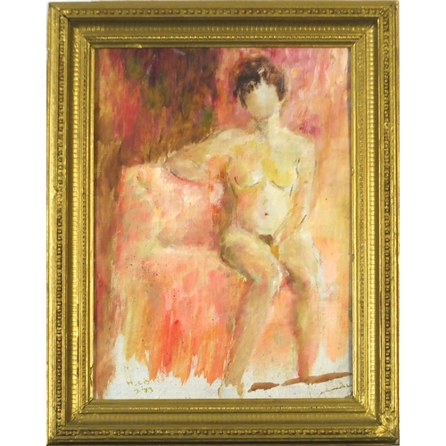 135 - After Henri Cartier-Bresson - The female form, tempera on canvas board, label verso, framed, 33cm x ... 