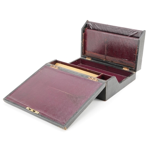 1246 - Victorian black leather writing slope with fitted interior, 8cm H x 25.5cm W x 20cm D