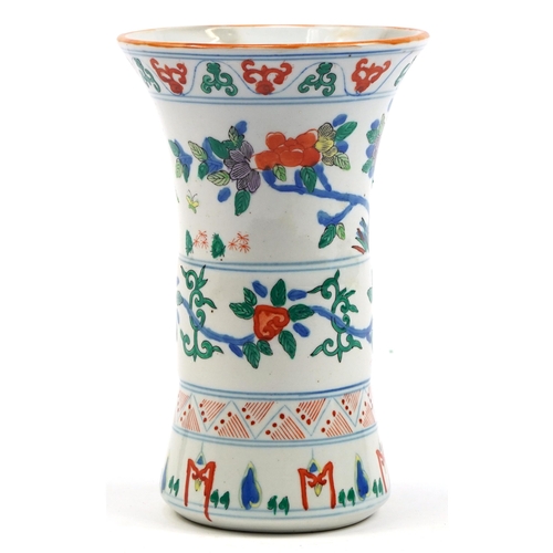 1290 - Chinese wucai porcelain Gu beaker vase hand painted with birds and flowers, 24.5cm high