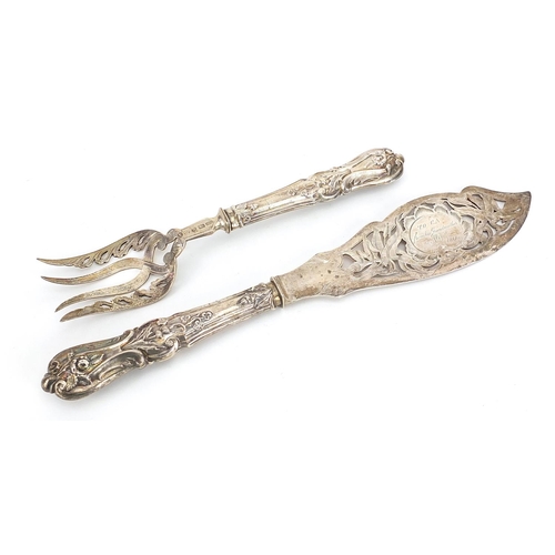 141 - Henry Atkin Brothers, pair of Victorian silver fish servers, the knife engraved with a fisherman, Sh... 