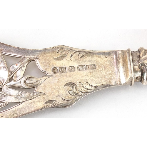 141 - Henry Atkin Brothers, pair of Victorian silver fish servers, the knife engraved with a fisherman, Sh... 