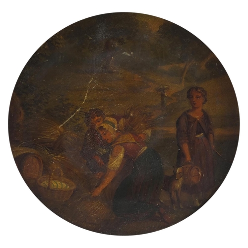 1209 - Circular miniature of three figures haymaking with dog, housed in a gilt frame, 8.5cm in diameter ex... 