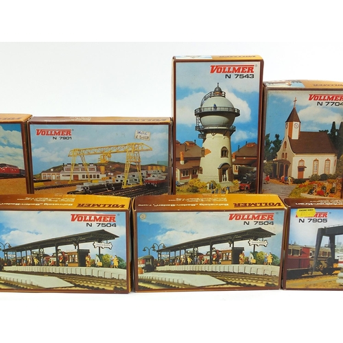 1502 - Twelve Vollmer N gauge model railway trackside building kits with boxes including numbers 7504, 7527... 