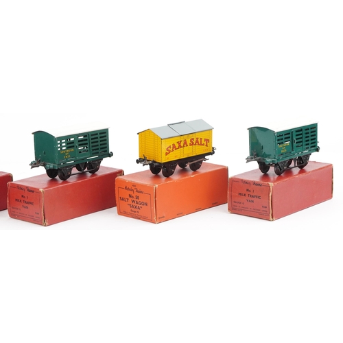 1421 - Five Hornby O gauge tinplate model railway wagons and vans with boxes comprising No 1 Milk Traffic V... 