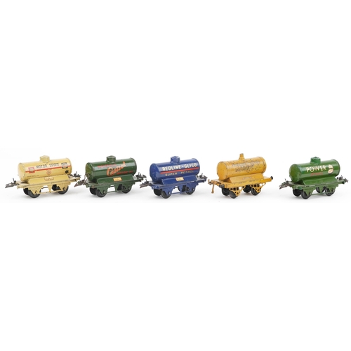 1410 - Five Hornby O gauge tinplate model railway advertising tankers comprising National Benzole Mixture, ... 